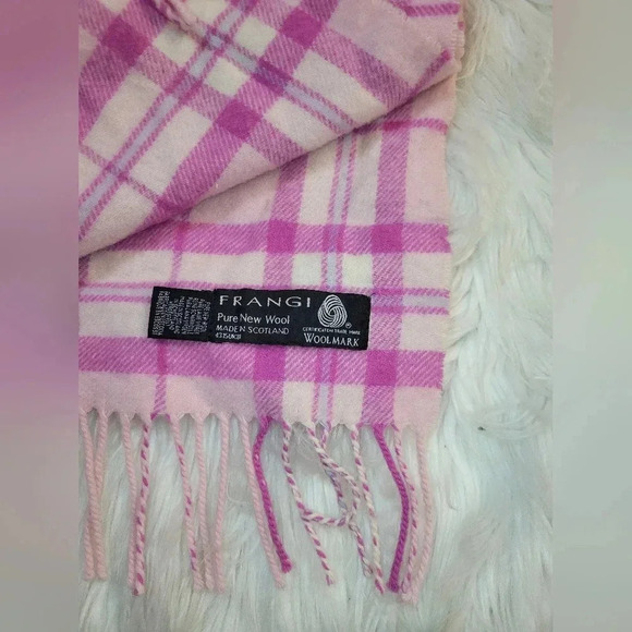 FRANGI Pure wool Pink & White Windowpane Plaid Fringe Scarf - Picture 1 of 4